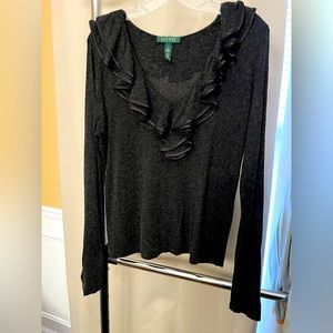 Lauren by Ralph Lauren ruffled edge V-neck long sleeve dark gray heather blouse